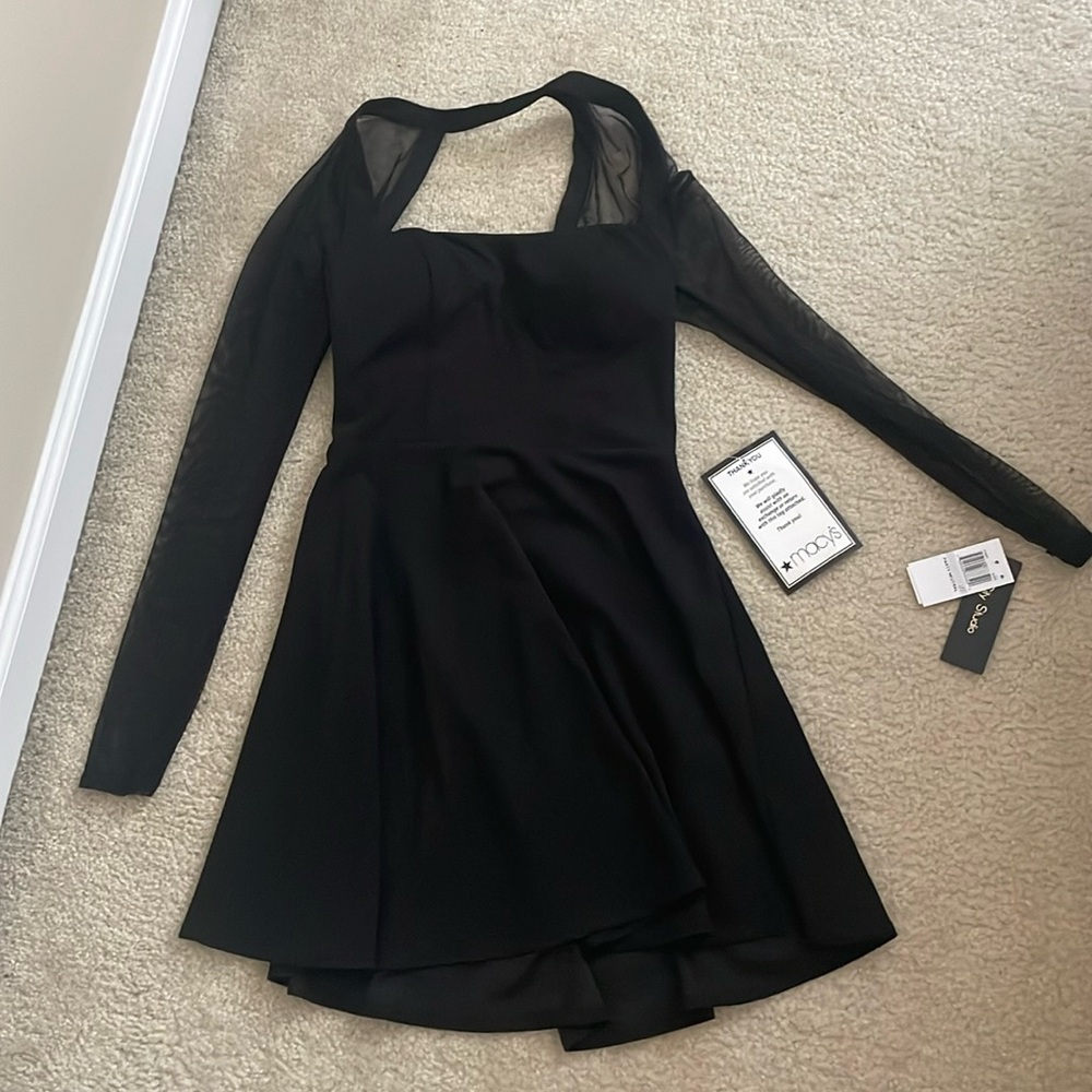 Macy’s City Studios black dress, sheer sleeves size 1/2, brand new with tags